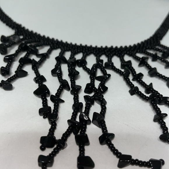 Vintage Choker Black Beaded Dangle Fringe Tassel Necklace - Picture 2 of 6